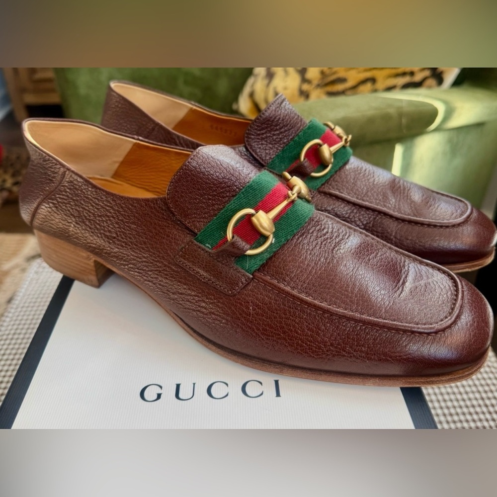 Gucci-Brown Leather Bonny Loafers-G/R/G Web,Gold HB & Collapsible Heel  10.5 - Picture 6 of 14